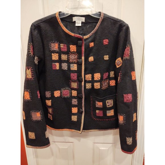 VTG Sandy Starkman Wool Cardigan Womens L Black Crochet Geometric Aztec - Picture 1 of 7